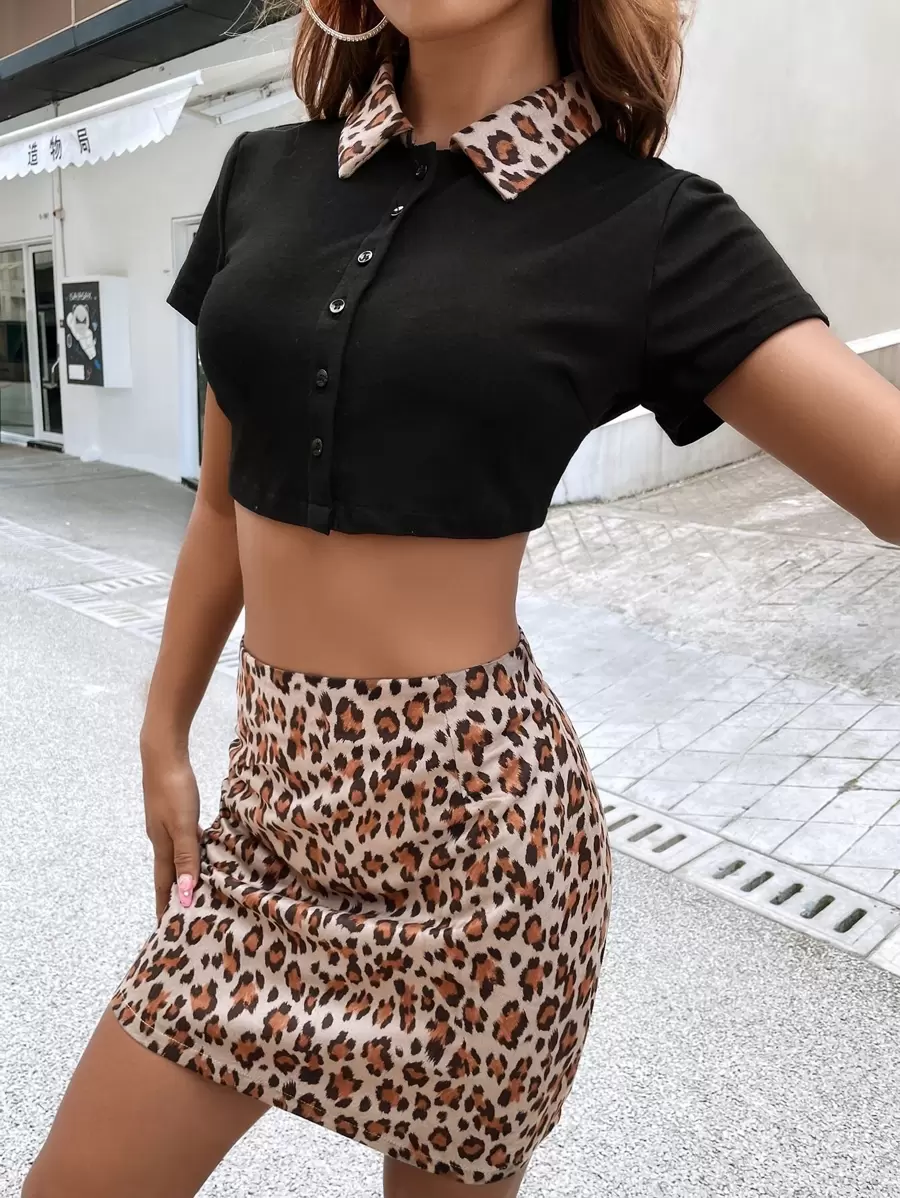 Aveloria 豹紋印花前紐扣短款上衣帶迷你裙子