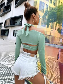 Áo nữ Cắt ra màu trơn Gợi cảm - Màu xanh Bạc hà - Xem 2