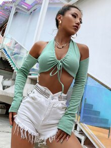 Áo nữ Cắt ra màu trơn Gợi cảm - Màu xanh Bạc hà - Xem 3