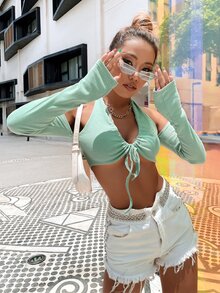 Áo nữ Cắt ra màu trơn Gợi cảm - Màu xanh Bạc hà - Xem 4