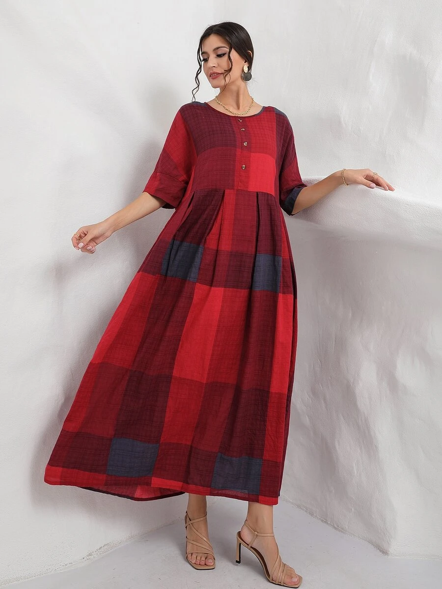 Vestido con estampado de cuadros con botón - Multicolor - Ver 1