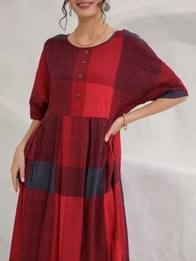 Vestido con estampado de cuadros con botón - Multicolor - Ver 3