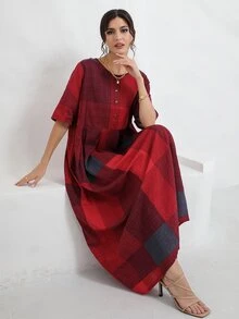 Vestido con estampado de cuadros con botón - Multicolor - Ver 4