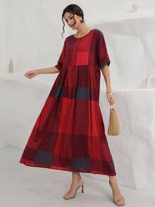 Vestido con estampado de cuadros con botón - Multicolor - Ver 5