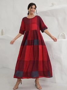 Vestido con estampado de cuadros con botón - Multicolor - Ver 6