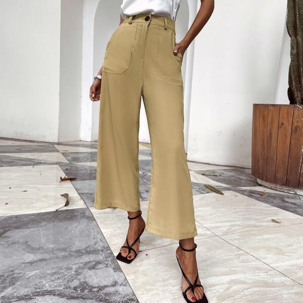 

Slant Pocket Wide Leg Pants Without Belt, Khaki
