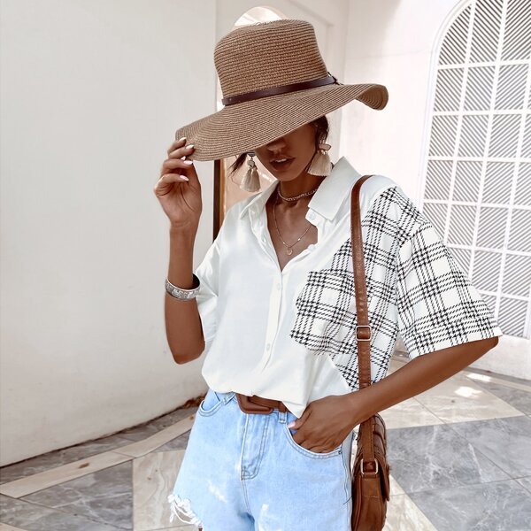 

Plaid Print Drop Shoulder Longline Blouse, White