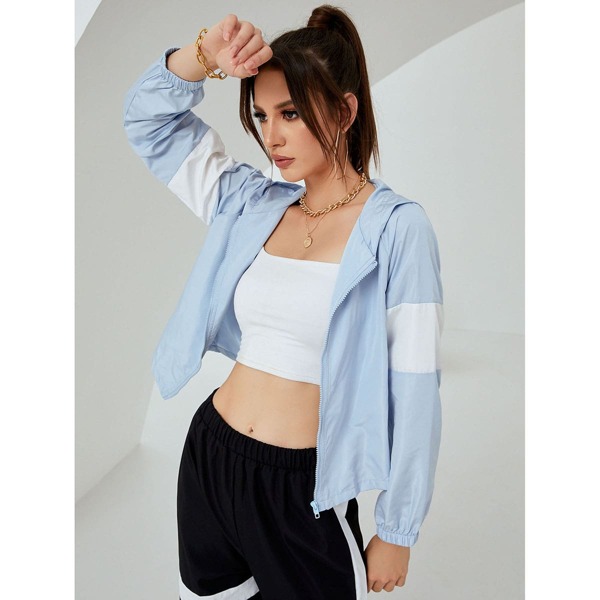 

Contrast Panel Zip Up Hooded Jacket, Baby blue