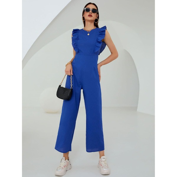 

Solid Ruffle Trimed Wide Leg Jumpsuit, Blue