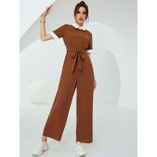 

Contrast Collar Wide Leg Belted Jumpsuit, Rust brown