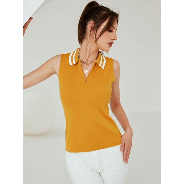 

Golf Quarter Zipper Striped Pattern Knit Top, Yellow