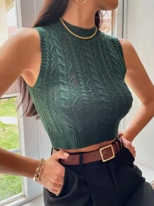 SHEIN Frenchy Knit ngọn màu trơn Giải trí - Màu xanh lá cây đậm - Xem 5