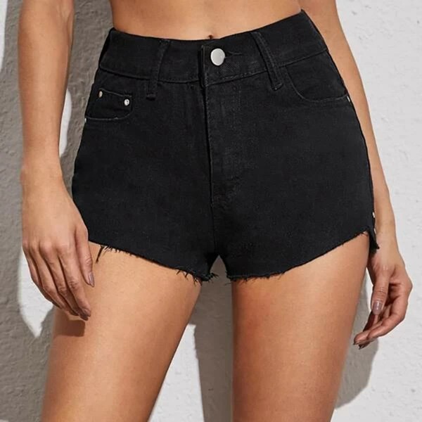 

Asymmetrical Raw Hem Denim Shorts, Black