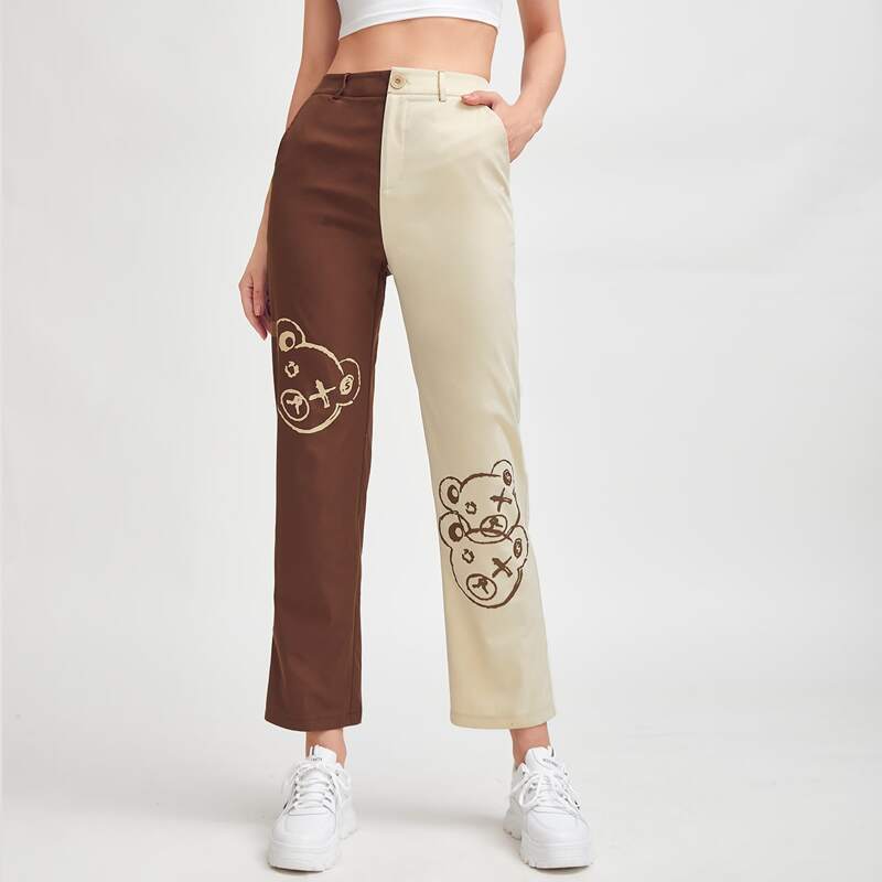 

Two Tone Cartoon Bear Graphic Pants, Multicolor