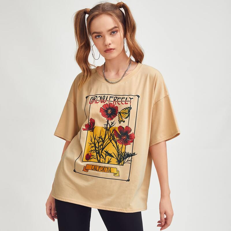 

Letter Flower & Butterfly Graphic Tee, Apricot