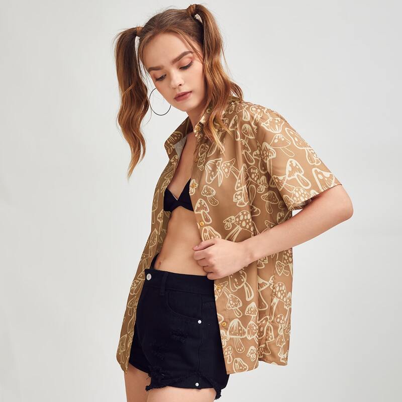 

Mushroom Graphic Button Front Blouse, Camel