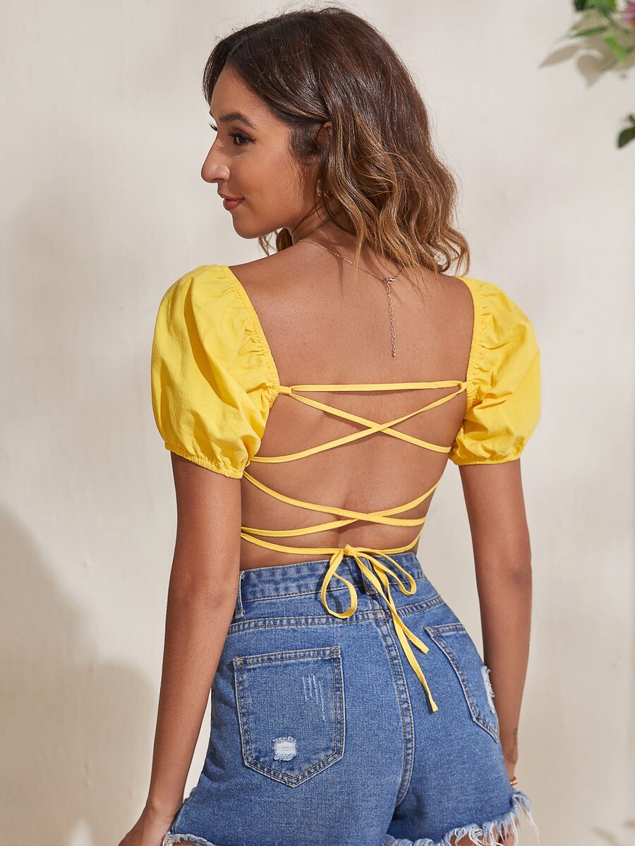 Blusas Espalda al aire Lazada Drapeado Liso Bohemio - Amarillo - Ver 1