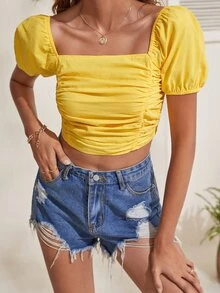 Blusas Espalda al aire Lazada Drapeado Liso Bohemio - Amarillo - Ver 3