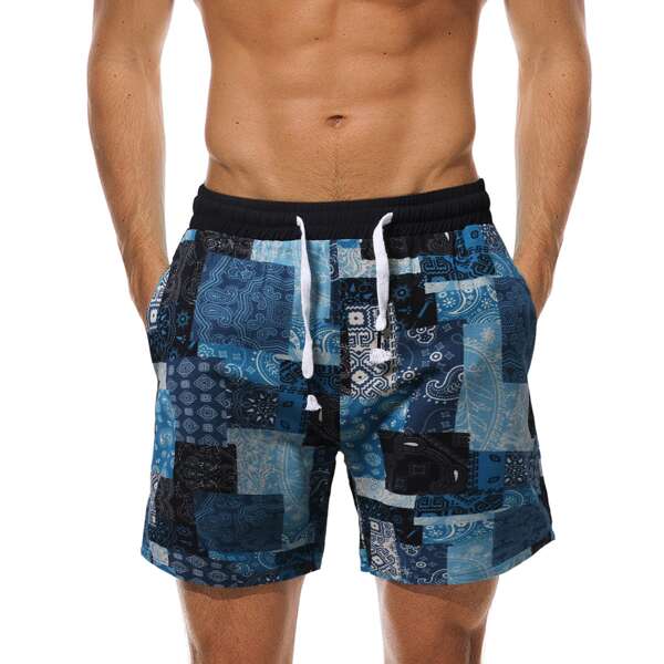 

Men Patchwork Print Drawstring Shorts, Multicolor