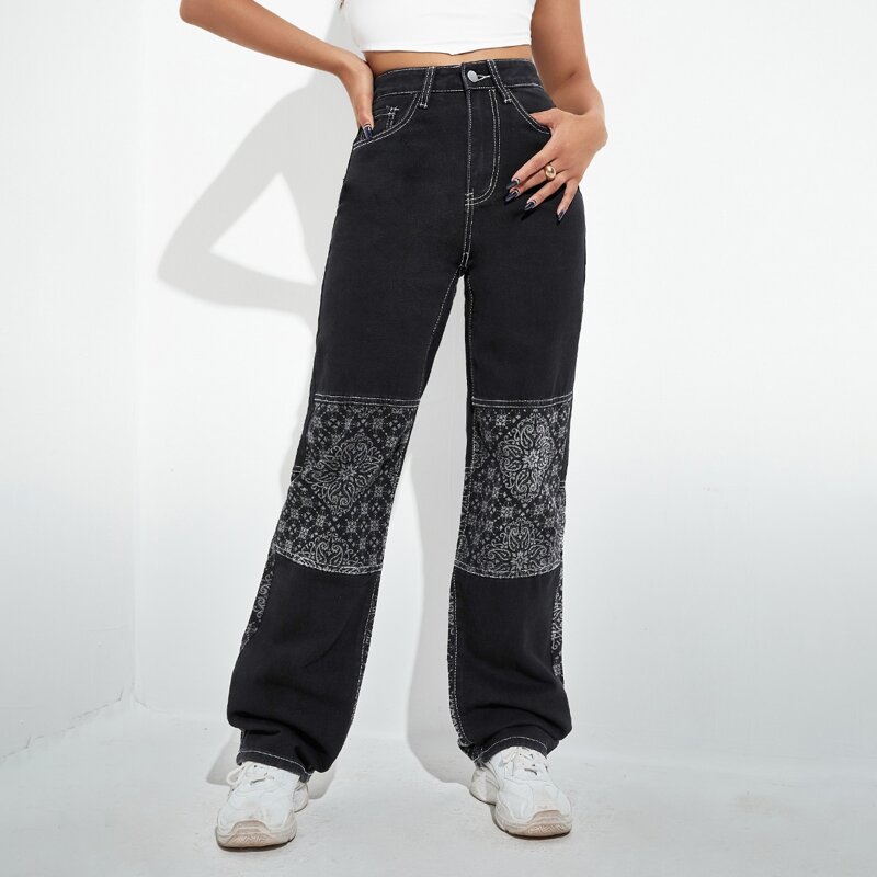 

High Waist Floral Print Wide Leg Jeans, Black