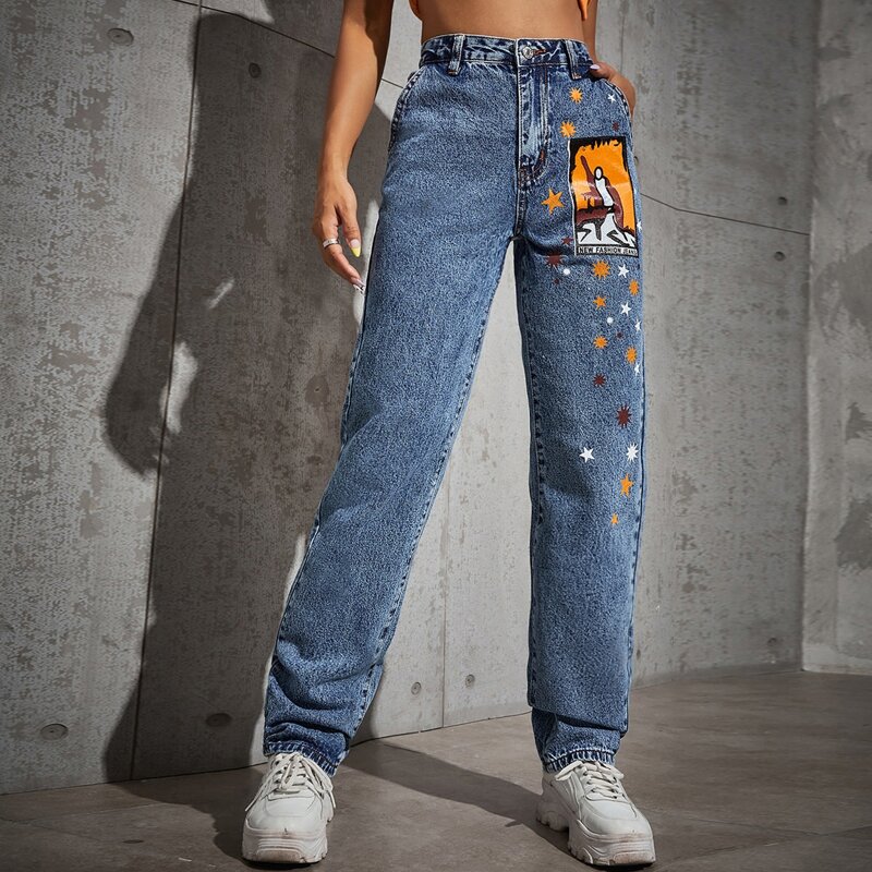 

High Waist Geo & Letter Graphic Jeans, Medium wash