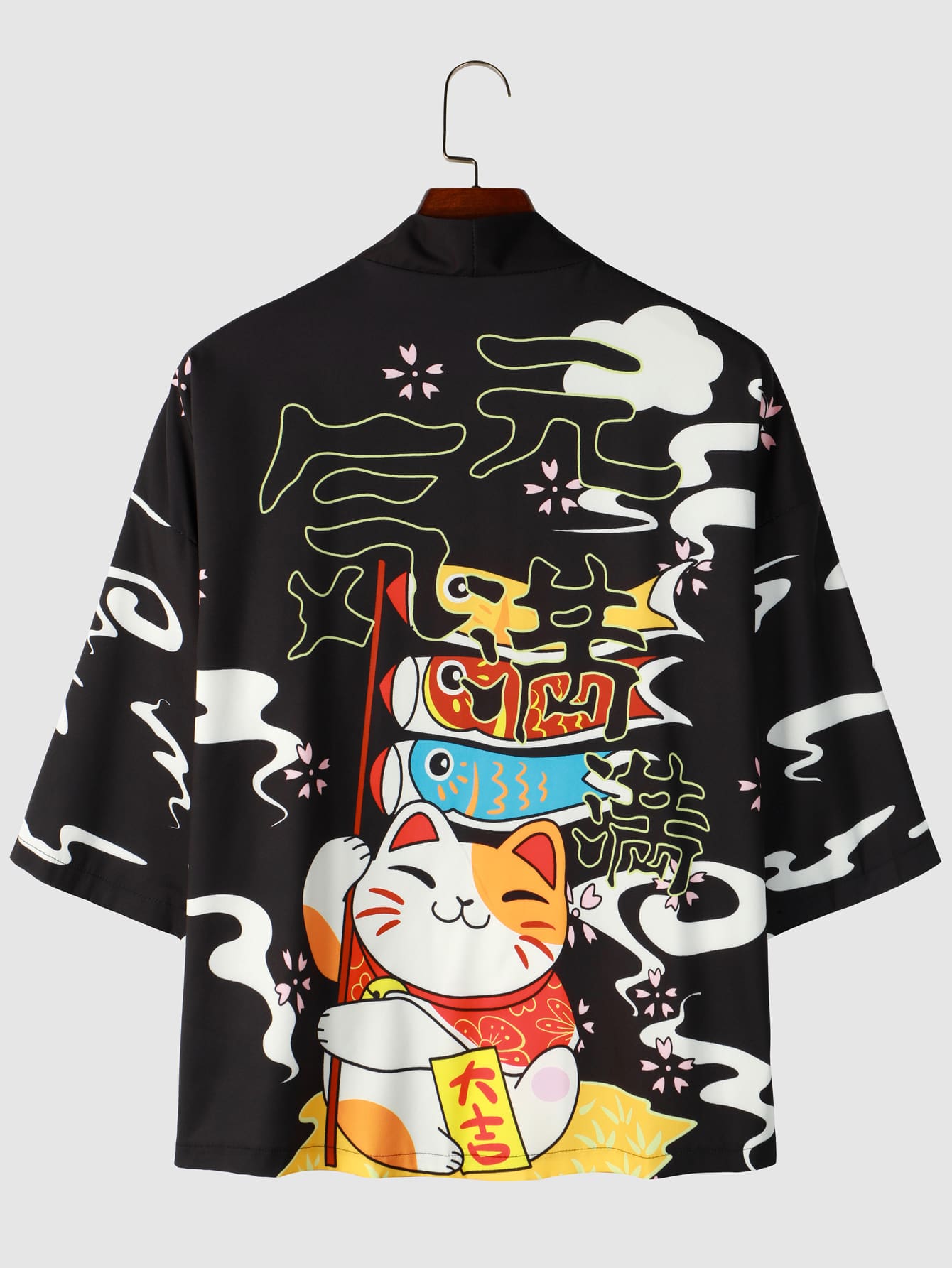 Manfinity 男士卡通貓咪和字母圖案和服式外衣