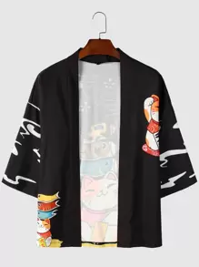 Manfinity 男士卡通貓咪和字母圖案和服式外衣