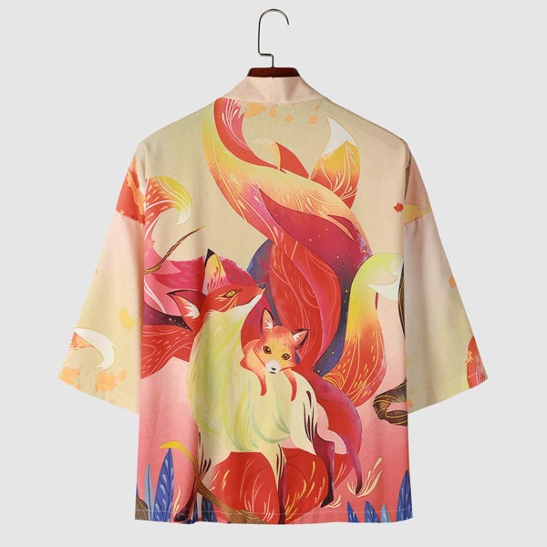 

Men Fox Print Open Front Kimono, Multicolor