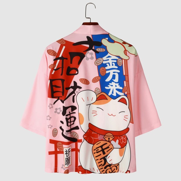 

Men Cat And Chinese Letter Graphic Shirt, Baby pink