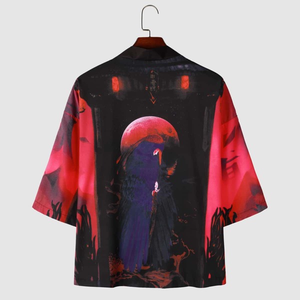 

Men Graphic Print Open Front Kimono, Multicolor