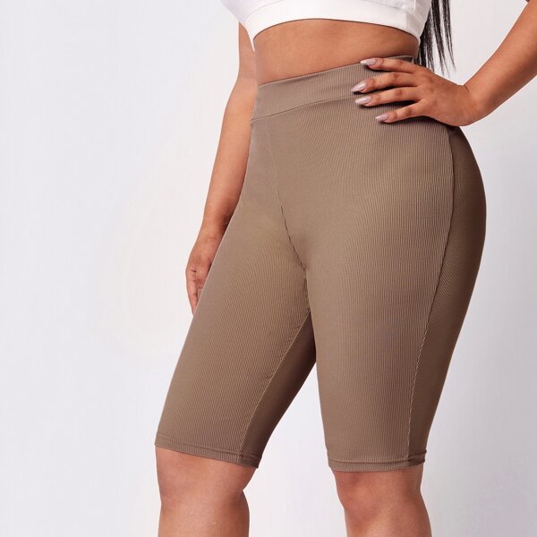 

Plus Solid Rib Knit Biker Shorts, Khaki