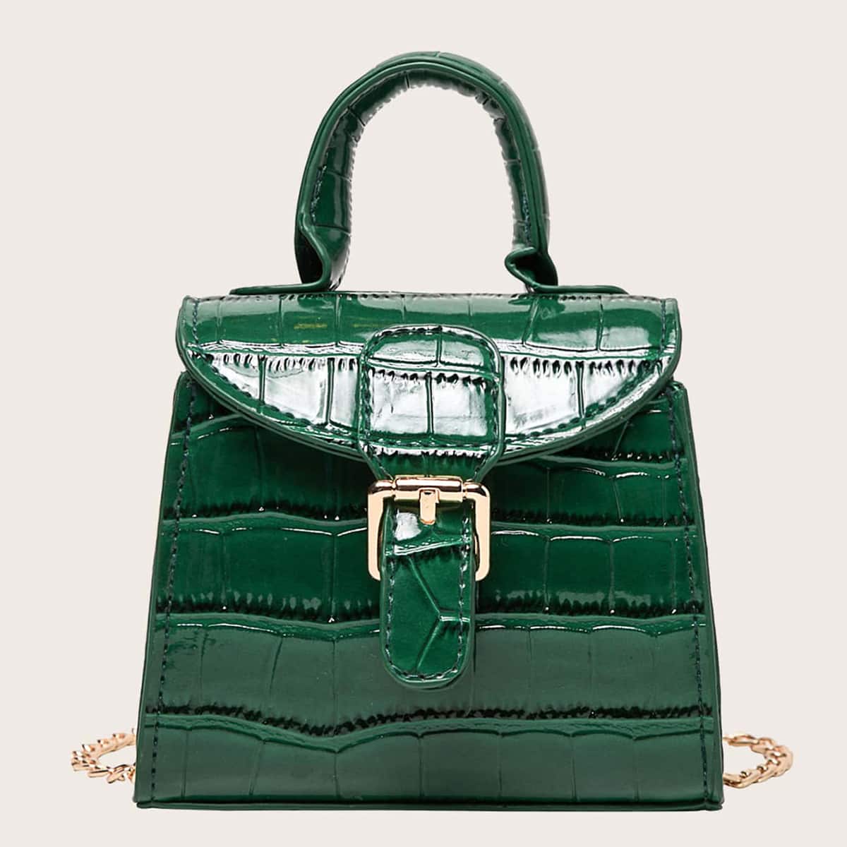 

Mini Croc Embossed Satchel Bag, Green