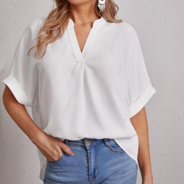 

Notch Neck Rolled Sleeve Top, White