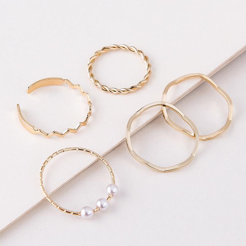 

5pcs Faux Pearl Ring, Gold