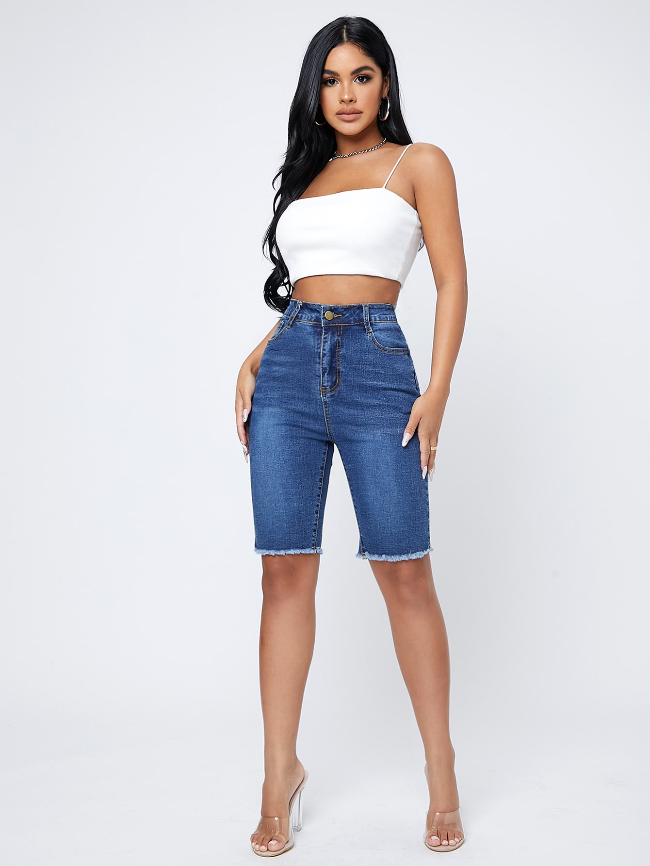 SHEIN Essnce Raw Hem Cycling Denim Shorts SHEIN UK