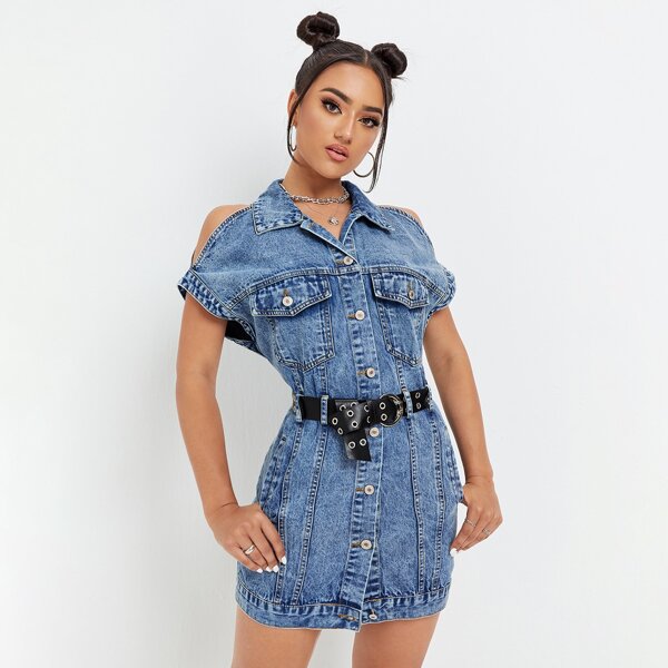 

Cold Shoulder Button Up Denim Coat Without Belt, Medium wash