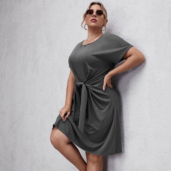 

Plus Solid Tie Front Dress, Dark grey