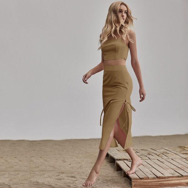 

Solid Cami Top & Tie Side Skirt Set, Brown