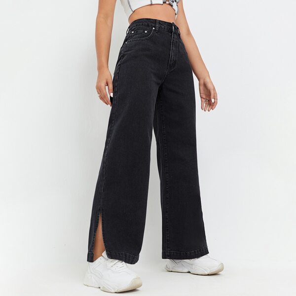 

Slit Hem Wide Leg Jeans, Black