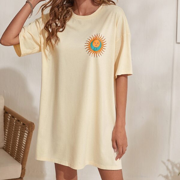 

Sun & Moon Print Drop Shoulder Tee Dress, Beige