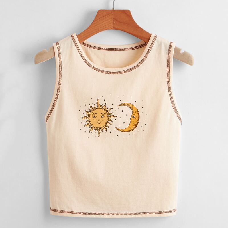 

Stitching Trim Sun & Moon Graphic Tank Top, Apricot