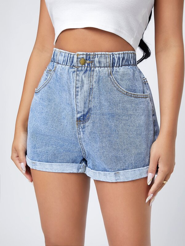 Flexra High Waist Roll Hem Denim Shorts