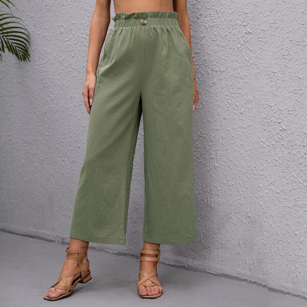 

Frilled Waist Wide Leg Pants, Army green