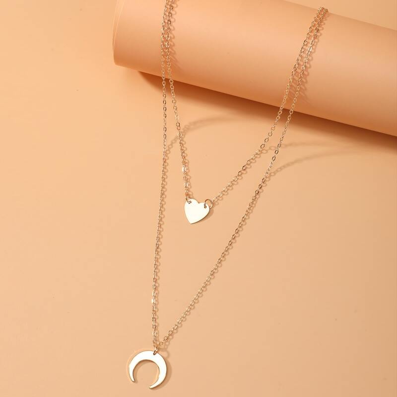 

1pc Moon Charm Layered Necklace, Gold