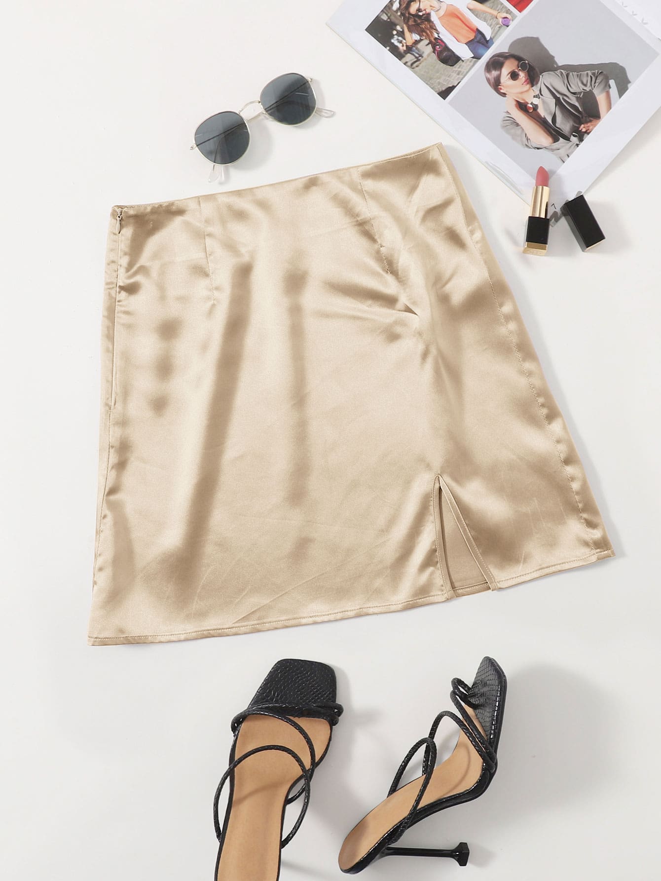 SHEIN Zip Side Slit Hem Satin Skirt - Champagne - View 1