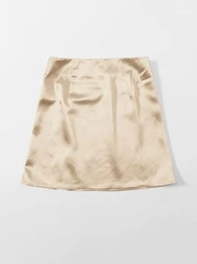 SHEIN Zip Side Slit Hem Satin Skirt - Champagne - View 2