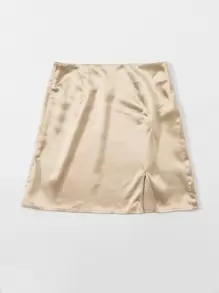 SHEIN Zip Side Slit Hem Satin Skirt - Champagne - View 3