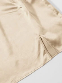 SHEIN Zip Side Slit Hem Satin Skirt - Champagne - View 4