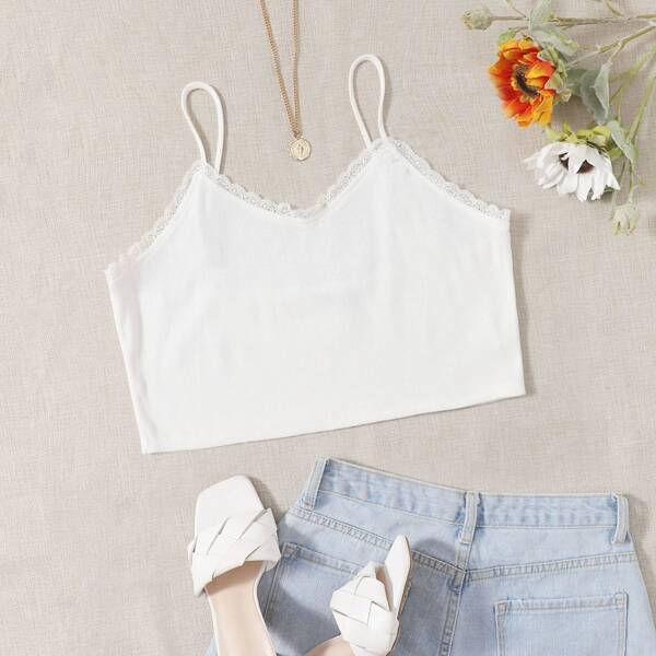 

Plus Lace Trim Cami Top, White