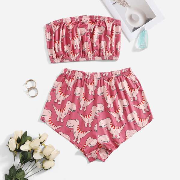 

Plus Cartoon Dinosaur Print Crop Tube Top With Shorts PJ Set, Pink